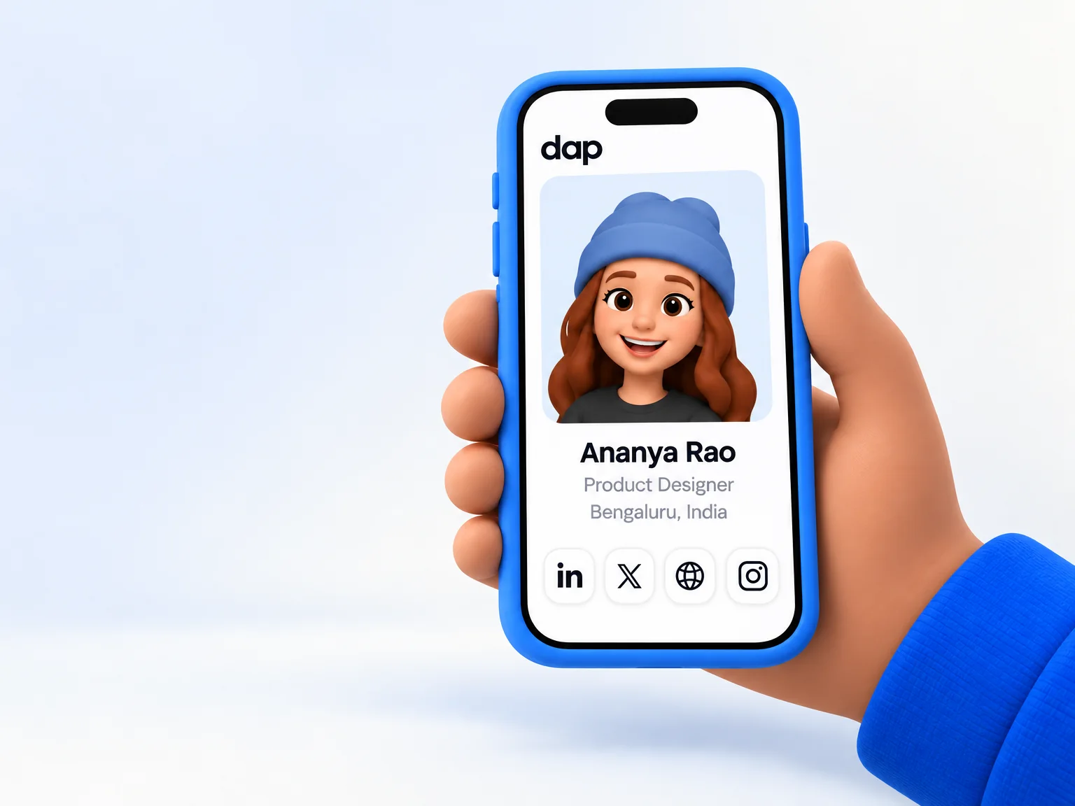 A hand holding a phone showing Ananya Rao's Dap profile with her links.