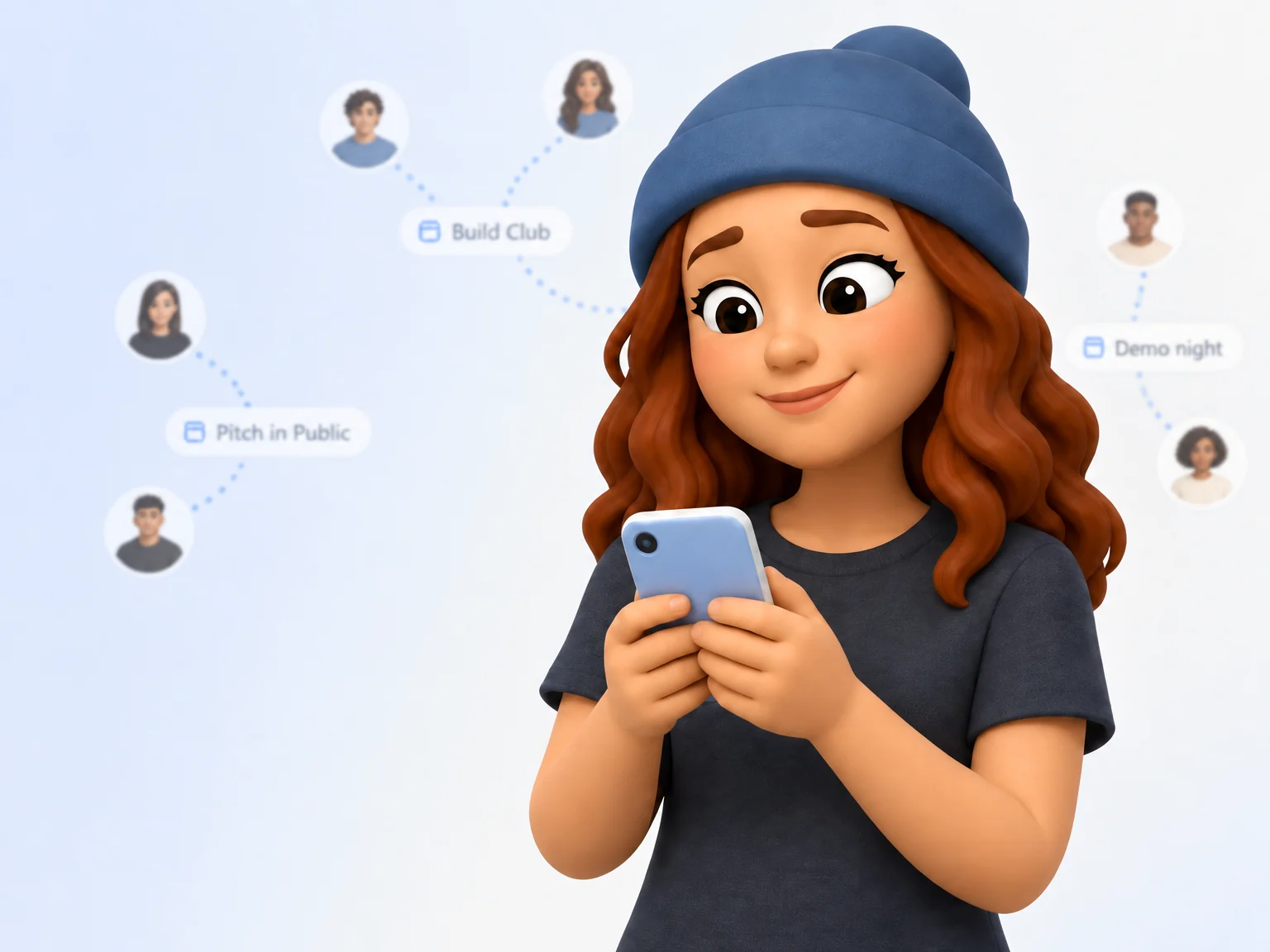 Ananya smiling at her phone, with a faint graph of events and the people she met behind her.