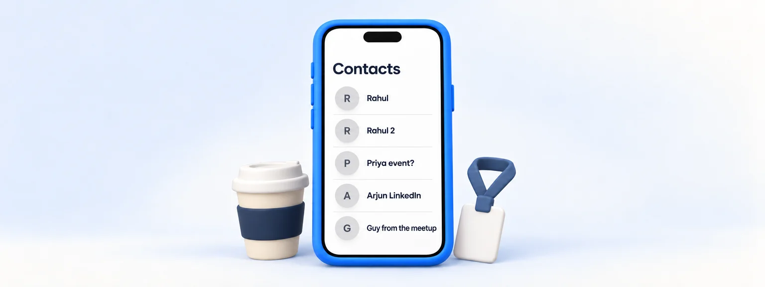 A phone contacts list with names like Rahul 2, Priya event? and Guy from the meetup.